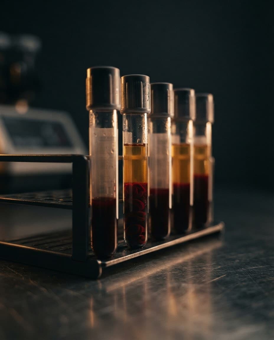 Blood sample vials queued for a full biomarker panel