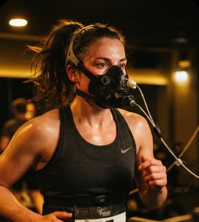 Athlete on a treadmill during a VO2 max test wearing a gas-exchange mask