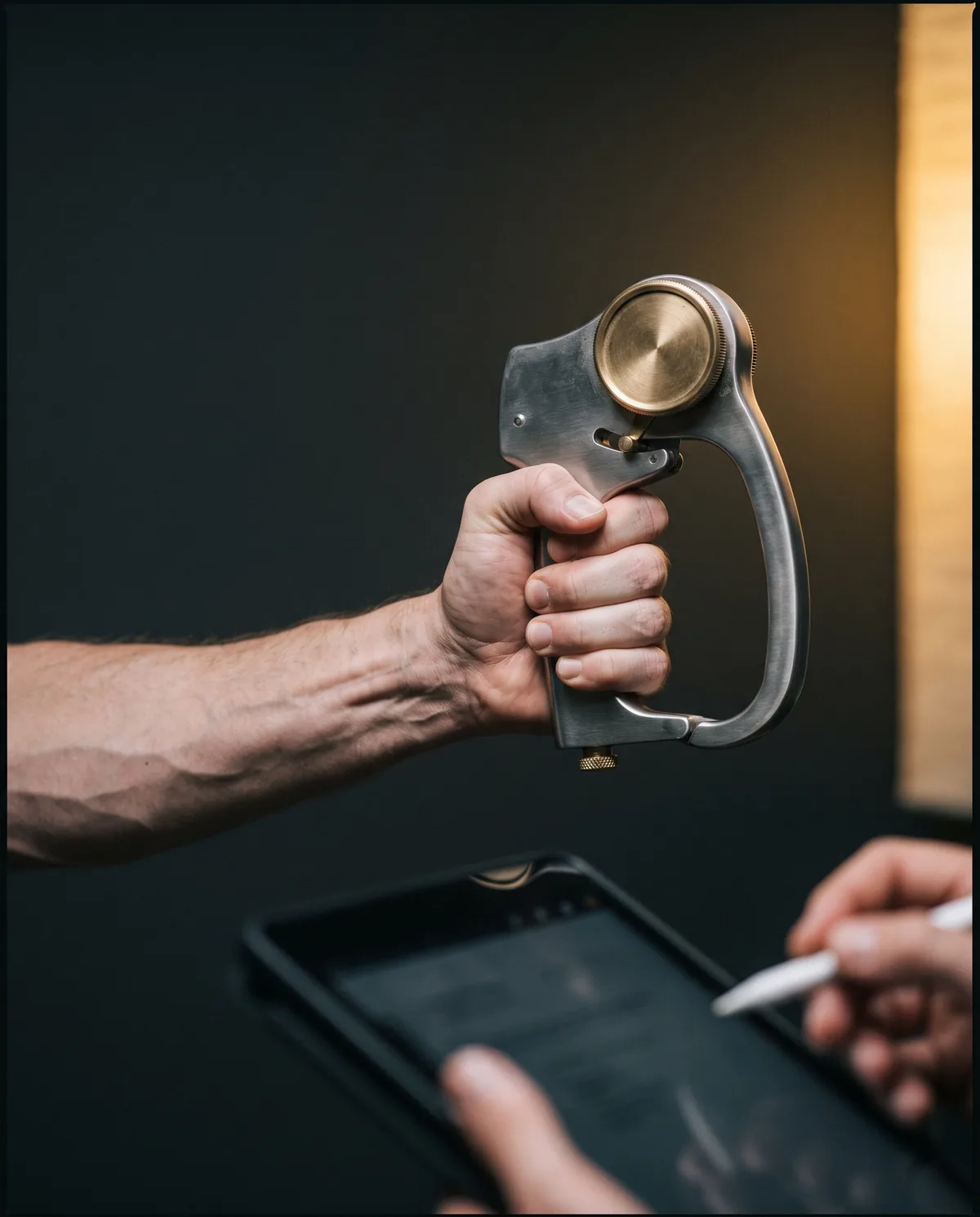 A hand squeezing a steel dynamometer at full effort, tendons raised across the back of the hand