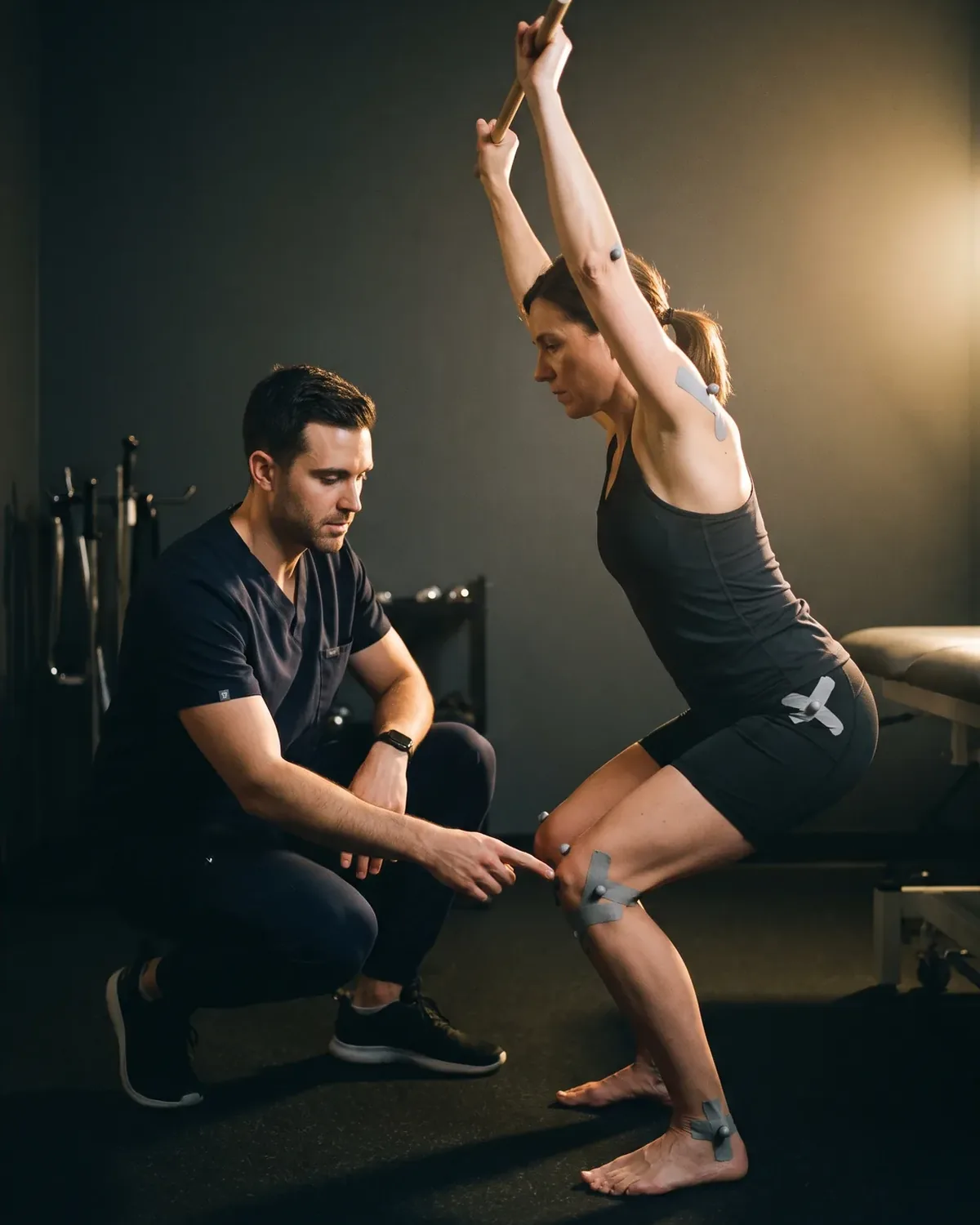 A physiotherapist assessing an overhead squat, with movement markers taped at the shoulder, hip and knee