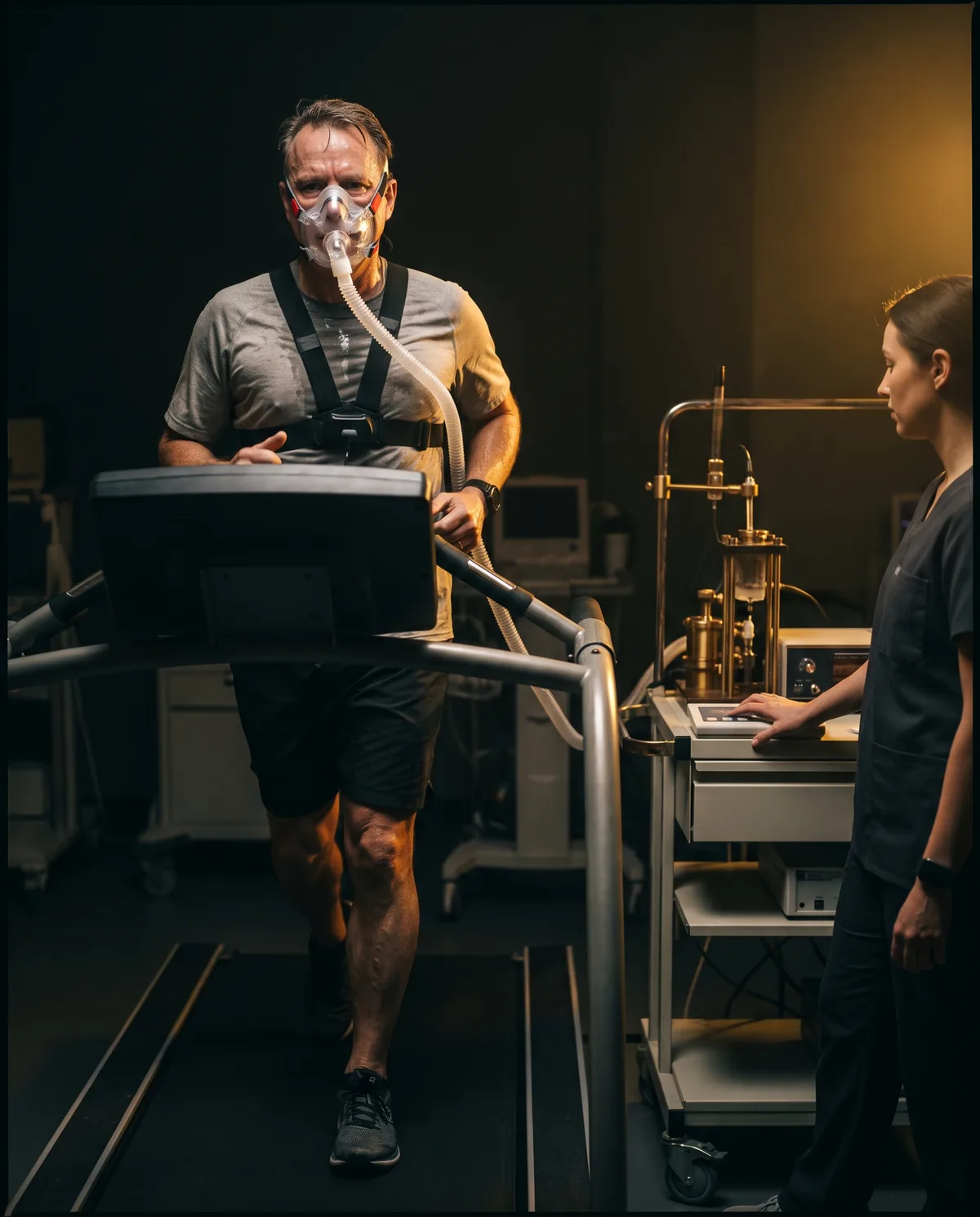A member running on a laboratory treadmill in a metabolic gas-exchange mask while a physiologist watches the analyser